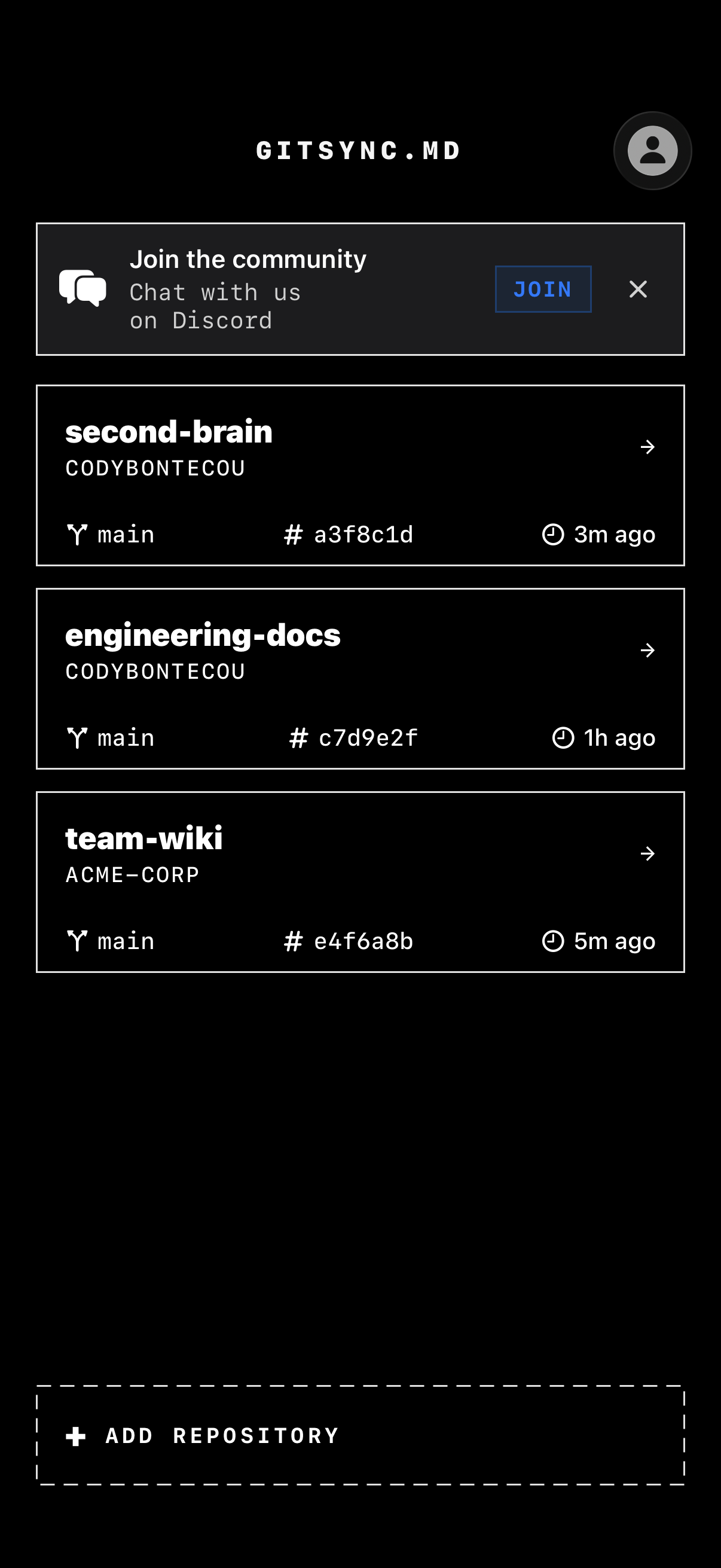 Two cloned repositories listed in GitSync.md with an Add Repository button